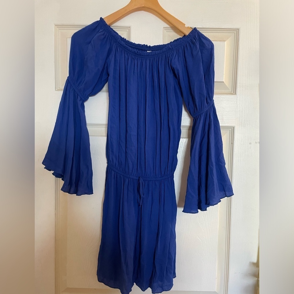 Elan off shoulder drop waist bell sleeve flowy dress blue size sm